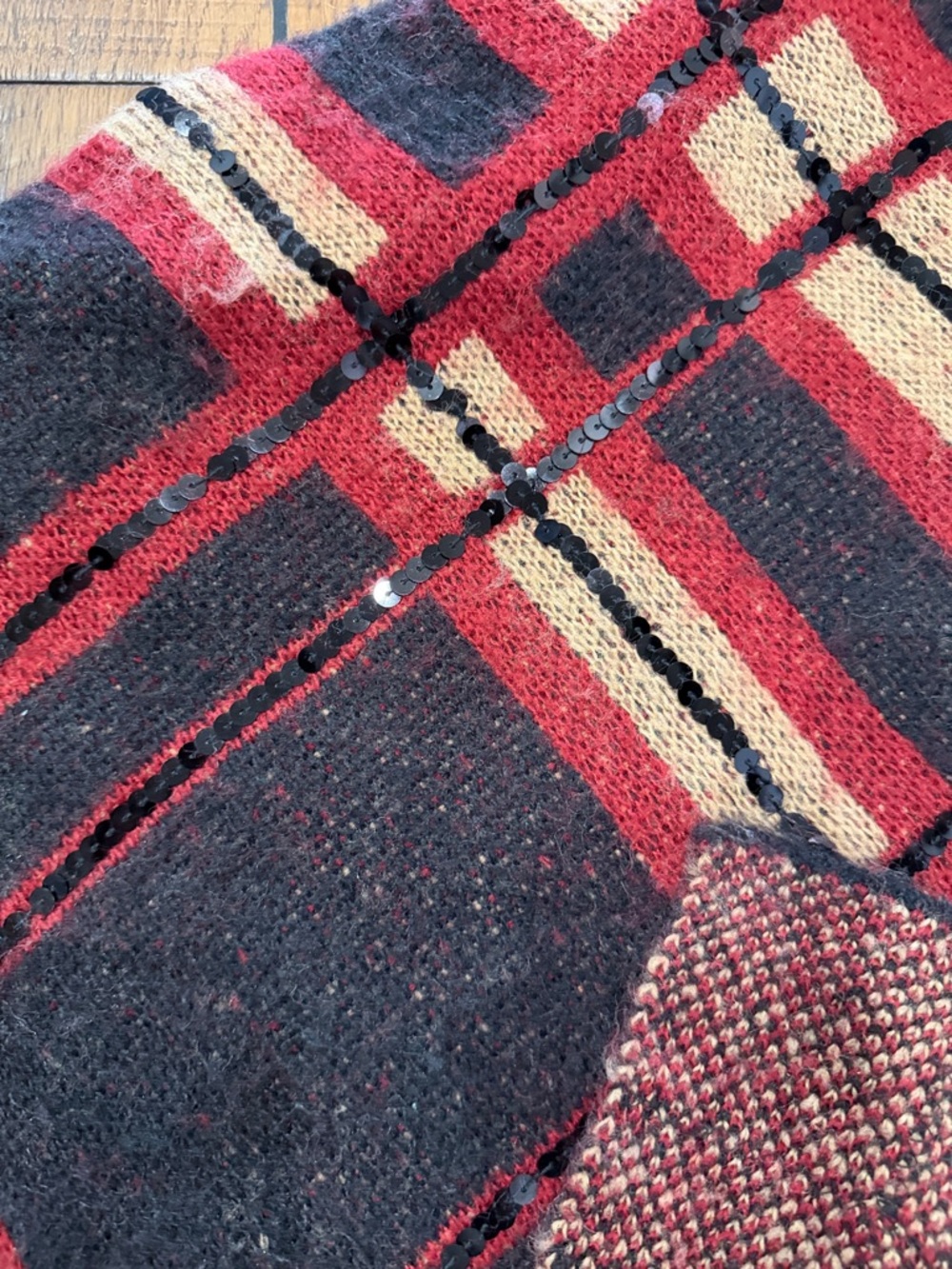 Chico's Red, Black, Cream Plaid Knit Poncho - Picture 6 of 6